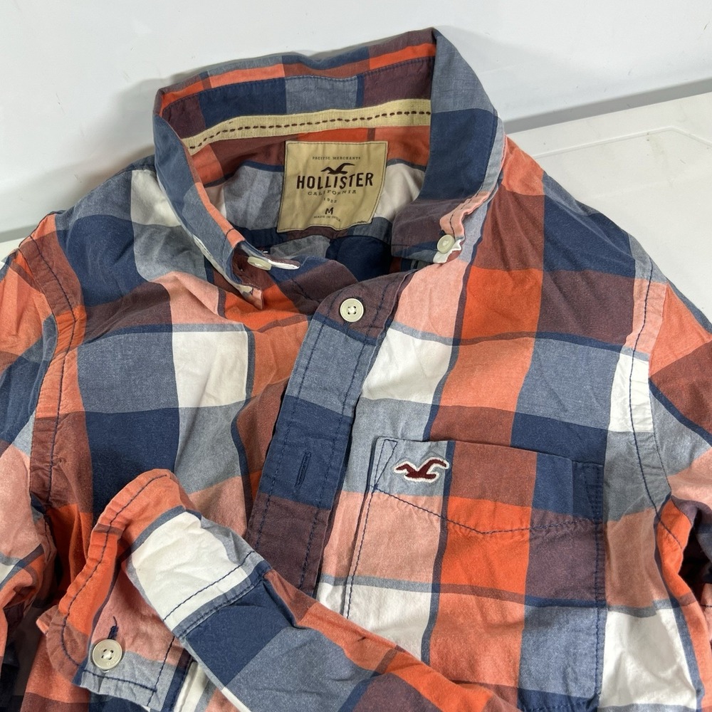 Vtg Y2K Hollister Medium Orange & Blue Plaid Long Sleeve Button Down Shirt EUC!